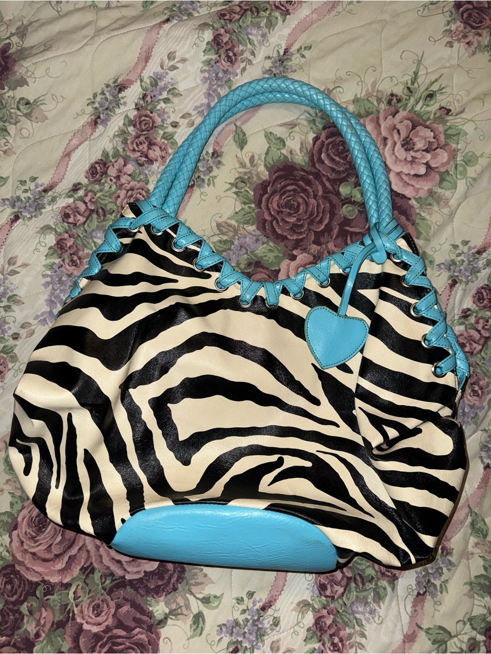y2k zebra print handbag with blue qccents and heart charms , and tassel charm!